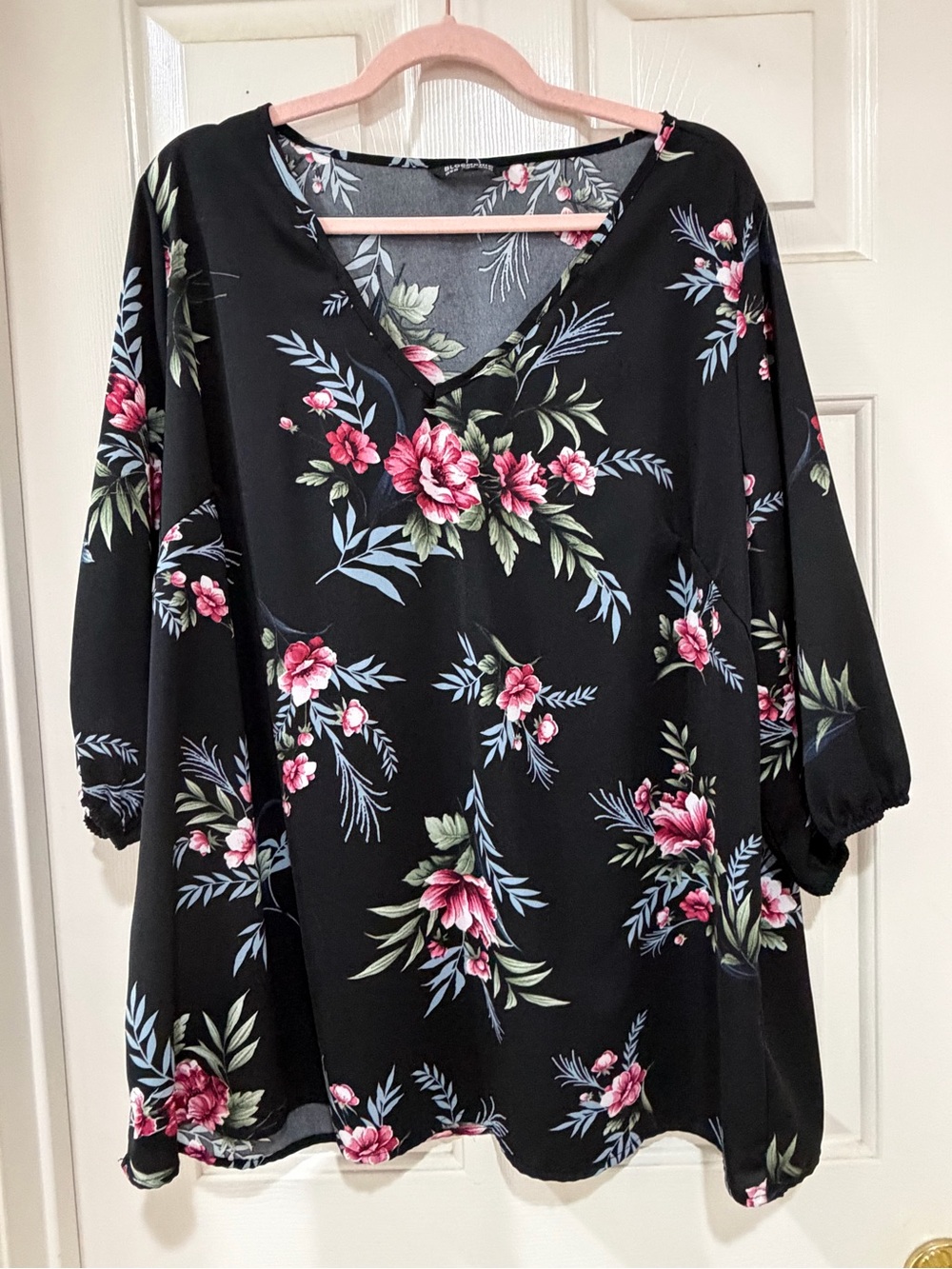 BloomChic Black Floral V-Neck blouse with Pink Blossoms 18-20